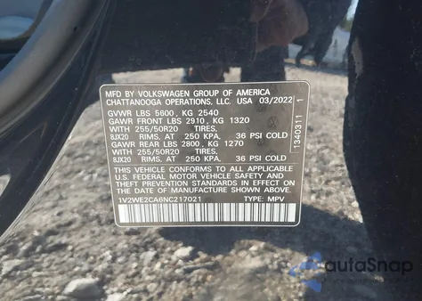 2022 Volkswagen Atlas Cross Sport 3.6L V6 Se W/Technology из США, поврежденный, VIN 1V2WE2CA6NC217021